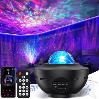 Colorful LED Starry Galaxy Projector Night Light illuminating a room with vibrant cosmic patterns and remote control.