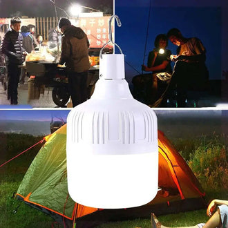 USB rechargeable LED hanging light illuminating a campsite, perfect for outdoor adventures and emergency use.