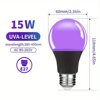 15W UV purple LED light bulb with E27 base, dimensions 60mm x 118mm, ideal for vibrant party and decor lighting.