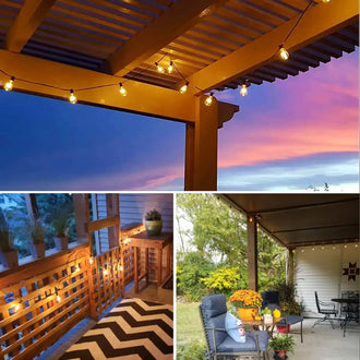 Festoon string lights with water drop ST38 globes illuminating outdoor patios, creating a cozy ambiance at sunset.