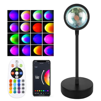 Smart Sunset Projector Lamp with remote control and color effects, showcasing LED night light features and vibrant lighting options.