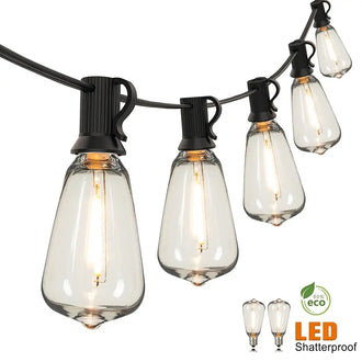 Festoon String Lights ST38 water drop shape, AC powered, connectable design, shatterproof material, eco-friendly LED bulbs.