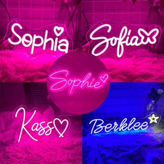 Customized LED neon signs displaying names like Sophia, Kass, Berklee, and Sophie in vibrant pink and blue lights.