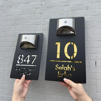 Customized LED solar house number signs with motion sensor, showcasing two sizes and designs.