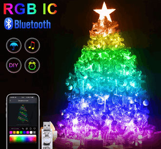 LED Smart String Fairy Lights decorating a Christmas tree with RGBIC colors, Bluetooth control, and DIY options via a smartphone.